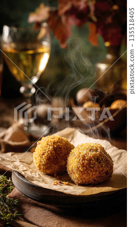 two hot, steaming Arancini Italian fried rice balls with a crispy golden crust, served on a rustic table setting with a glass of wine and autumnal decor. Gourmet, moody, cozy food 135518405