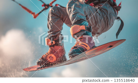 Board, Boots, and Legs of a Kiteboarder Performing a High Jump and Trick Against a Bright, Slightly Cloudy Sky, Emphasizing the Thrill, Adrenaline, Dynamic Action of the Popular Water and Wind Sport 135518640