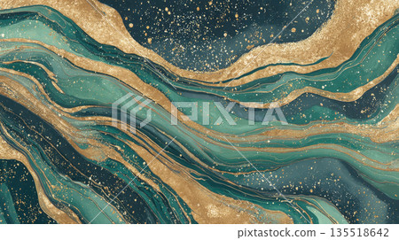 texture featuring flowing waves of rich emerald green, deep teal, and dark blue, dramatically accented with sparkling gold glitter and shimmering metallic veins. Perfect for luxurious backgrounds 135518642