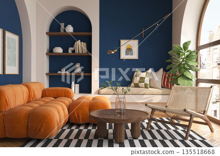 Mid century style conceptual dopamine interior room 3d illustration 135518668