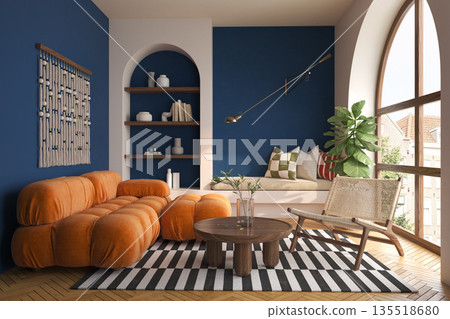 Mid century style conceptual dopamine interior room 3d illustration 135518680