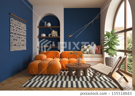 Mid century style conceptual dopamine interior room 3d illustration 135518683