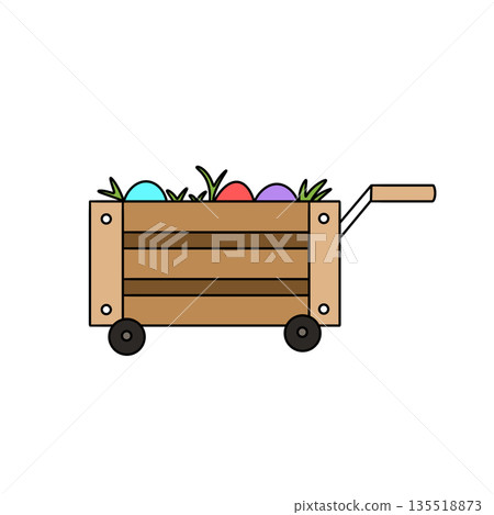 A wooden cart with a wheelbarrow full of eggs and grass 135518873