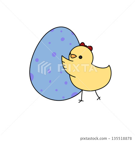 A yellow chicken is holding an egg in its beak 135518878