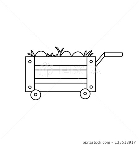 A wooden cart with a handle and a basket full of vegetables 135518917