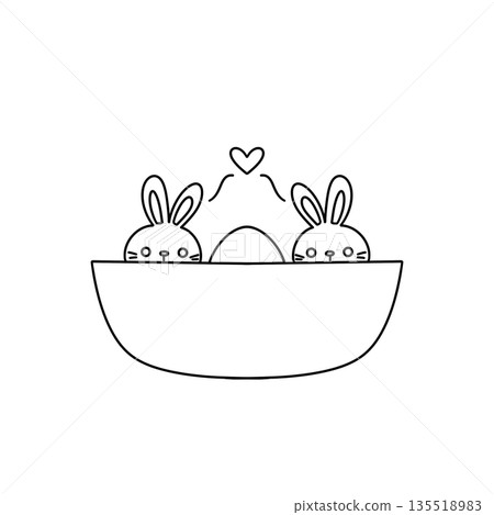 Two rabbits are sitting in a basket with an egg Two rabbits are sitting in a basket with an egg 135518983