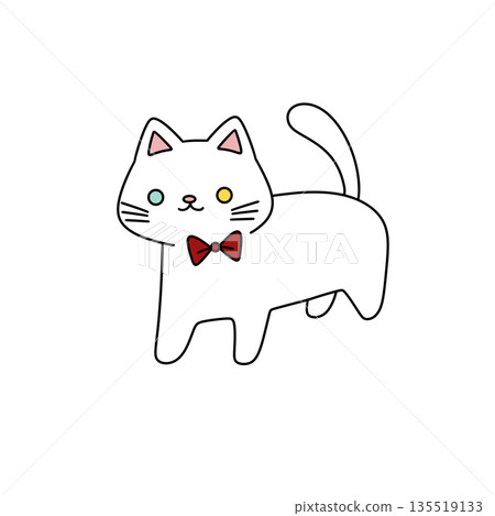 A cartoon cat with a red bow tie is standing on a white background A cartoon cat with a red bow tie is standing on a white background 135519133