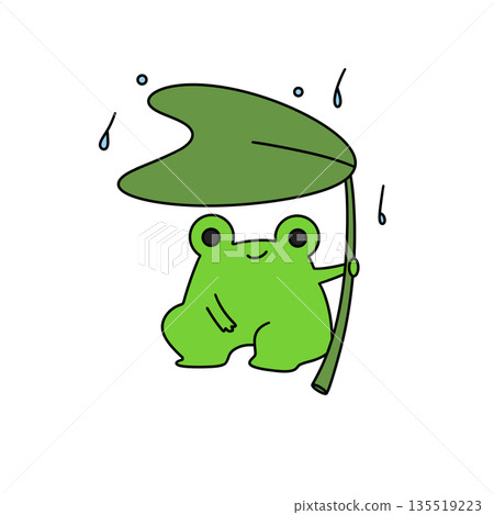 A frog is holding a leaf umbrella and smiling 135519223