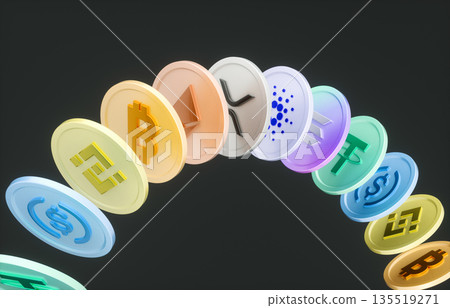 Crypto investment and digital assets concept with Bitcoin and popular cryptocurrencies 3d coins. 3d rendering 135519271