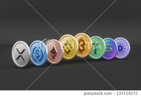 Crypto investment and digital assets concept with Bitcoin and popular cryptocurrencies 3d coins. 3d rendering Crypto investment and digital assets concept with Bitcoin and popular cryptocurrencies 3d coins. 3d rendering 135519272
