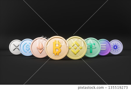 Crypto investment and digital assets concept with Bitcoin and popular cryptocurrencies 3d coins. 3d rendering 135519273