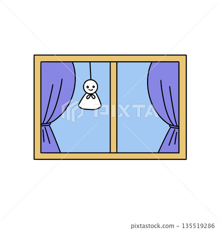 A window with a doll hanging from the curtain A window with a doll hanging from the curtain 135519286