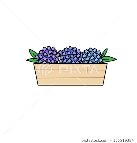 A wooden box with three blue flowers in it A wooden box with three blue flowers in it 135519394