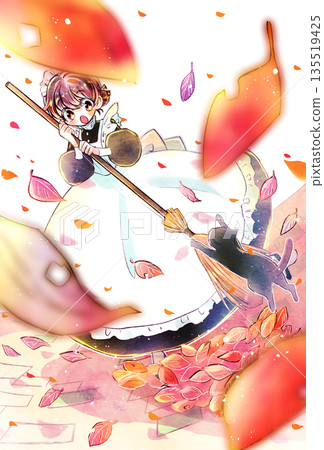 Maid holding a broom and a cat jumping on her. Fallen leaves in the garden. Maid holding a broom and a cat jumping on her. Fallen leaves in the garden. 135519425