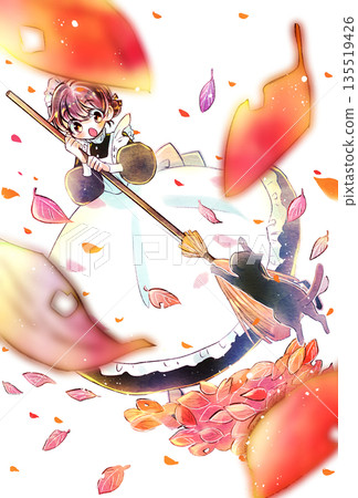 A maid holding a broom and a cat jumping on her. Lots of fallen leaves. A maid holding a broom and a cat jumping on her. Lots of fallen leaves. 135519426