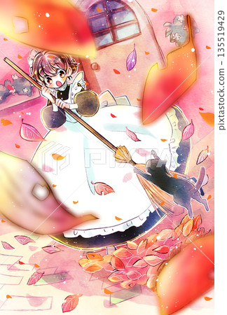 Maid holding a broom and a cat jumping on her. Backyard. Lots of fallen leaves. Maid holding a broom and a cat jumping on her. Backyard. Lots of fallen leaves. 135519429
