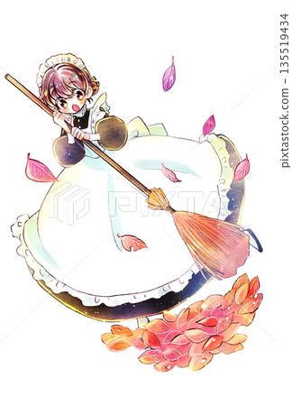 女僕拿著掃帚,落葉紛飛,驚慌失措 女僕拿著掃帚,落葉紛飛,驚慌失措 135519434