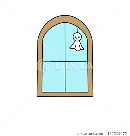 A cartoonish window with a ghost hanging from it 135519475