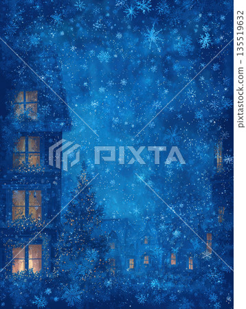 A richly textured, deep blue background with a heavy snowfall effect, showcasing cozy illuminated windows and a decorated outdoor Christmas tree, perfect for holiday greeting cards or festive overlays 135519632
