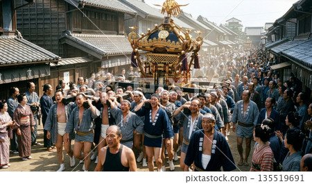 An enthusiastic procession of men carrying a gorgeous portable shrine through the streets at a festival in the Edo period 135519691