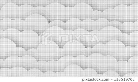 Abstract white halftone pattern background with curved gradient dots forming wave-like shapes, minimal monochrome vector texture 135519703
