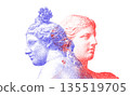Halftone Print of Classical Sculpture. Retro Pop Art Style with Dual Ancient Statues 135519705