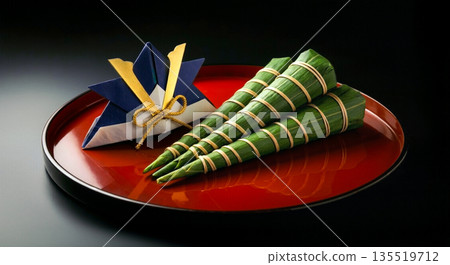 兒童節粽子和摺紙頭盔，日式圖案素材，朱漆托盤和黑色背景，五月 135519712