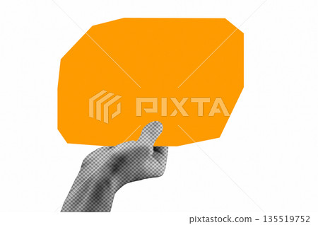 Halftone hand holding paper note. Modern retro image for mixed media design. 135519752