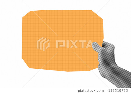 Halftone hand holding paper note. Modern retro image for mixed media design. Halftone hand holding paper note. Modern retro image for mixed media design. 135519753
