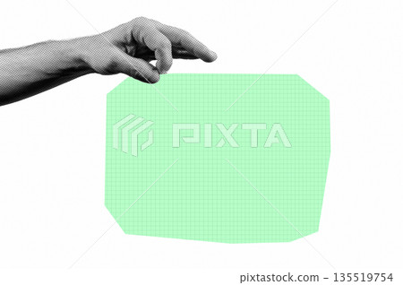 Halftone hand holding paper note. Modern retro image for mixed media design. Halftone hand holding paper note. Modern retro image for mixed media design. 135519754