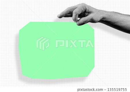 Halftone hand holding paper note. Modern retro image for mixed media design. Halftone hand holding paper note. Modern retro image for mixed media design. 135519755