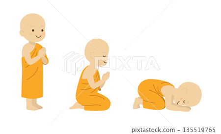 Buddhist Monk Prostration Set 2D Flat style.Young Monk Prayer Positions Standing, Kneeling, and Prostrating.Buddhist Devotion and Prayer Sequence Cute Monk Character Set Buddhist Monk Prostration Set 2D Flat style.Young Monk Prayer Positions Standing, Kneeling, and Prostrating.Buddhist Devotion and Prayer Sequence Cute Monk Character Set 135519765