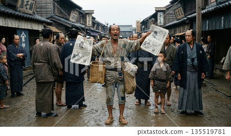 江戶時代，雨後街頭，一名男子大聲兜售木版畫，吸引了路人的目光。 135519781