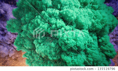 Dramatic Explosion of Green Notes Rising in a Colorful Cloud Against a Contrasting Background Dramatic Explosion of Green Notes Rising in a Colorful Cloud Against a Contrasting Background 135519796