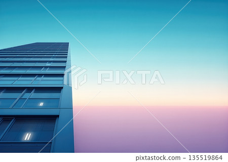 Corporate Pastel Colors Blend in the Sky With a Tall Building Standing Against the Soft Horizon 135519864