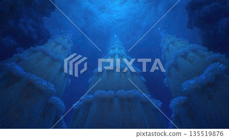 Deep Sea Mysticism With Tall Structures Rising From the Ocean Floor in a Dark Blue Environment 135519876
