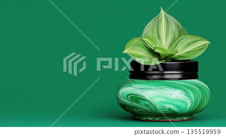 Green Plant in a Minimal Container on a Plain Green Background Showing Aging Lifestyle Choices 135519959