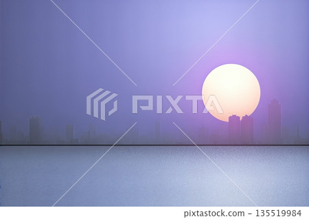 Modern Skyline of a Nigerian City at Sunset With a Large Sun and Calm Waters in the Foreground 135519984