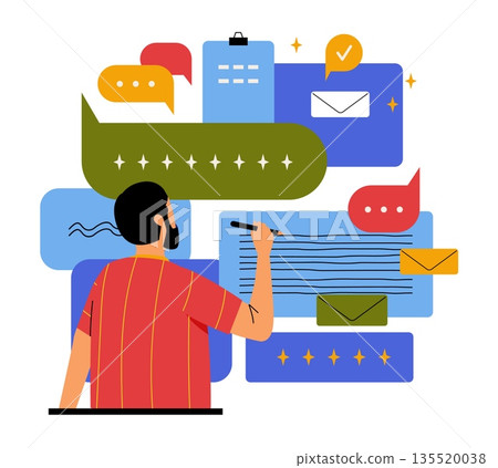 Man chatting. Reading news in internet, online messaging in chat application. Communicate conversation person, bubble speak icons on background. Discussing vector cartoon flat illustration Man chatting. Reading news in internet, online messaging in chat application. Communicate conversation person, bubble speak icons on background. Discussing vector cartoon flat illustration 135520038