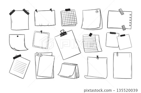 Doodle frame. Hand drawn note paper, sketch post for memo board or school sticky notice. Notepaper, sticker pad, tack and reminders or adhesive tape. Stationery set. Vector isolated icons 135520039