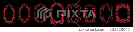 Gothic frame. Tribal fire border, fantasy oval y2k frame or vintage ornate red element. Swirl ornament in emo aesthetic. Dark mystery menu, symmetry mystic element graphic vector design set Gothic frame. Tribal fire border, fantasy oval y2k frame or vintage ornate red element. Swirl ornament in emo aesthetic. Dark mystery menu, symmetry mystic element graphic vector design set 135520043