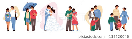 Family characters. Relationship development. Couple dating. Wedding ceremony. Young parents together with children. Pregnant mom and happy kids. Mother and father romance. Vector concept Family characters. Relationship development. Couple dating. Wedding ceremony. Young parents together with children. Pregnant mom and happy kids. Mother and father romance. Vector concept 135520046