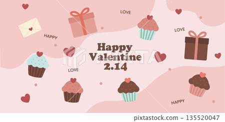 情人節背景插圖:禮物和紙杯蛋糕 情人節背景插圖:禮物和紙杯蛋糕 135520047