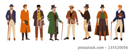 19th century man. Victorian suit gentleman in hat. 1900 English people as fashion elegant old character. Vintage clothing. Traditional British dandy outfit. Vector aristocrat costumes set 135520056