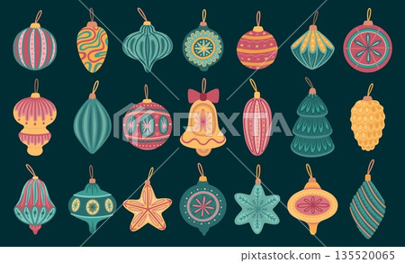 Christmas decor. Flat simple holiday hanging toy with ornament set, xmas or noel vintage retro toys in bright colors. Celebrating balloons traditional gift. Vector cartoon illustration Christmas decor. Flat simple holiday hanging toy with ornament set, xmas or noel vintage retro toys in bright colors. Celebrating balloons traditional gift. Vector cartoon illustration 135520065