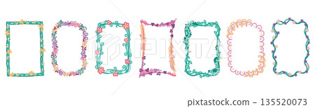 Kid photo frame. Cute children color border, doodle kindergarten ornament for crayon hand drawn picture simple creative decoration, abstract graphic design, geometric and botanical vector set 135520073