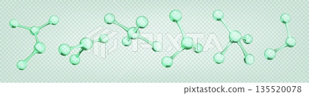 3D DNA cell. Medical science atom structure. Molecular water or glass oxygen. Transparent chemistry bubble. Laboratory experiment. Atomic model. Vector render scientific elements set 135520078