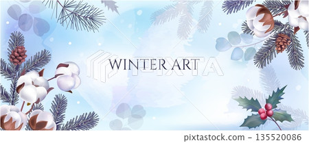Winter background. Watercolor holiday pattern with season flower elements, plant texture for greeting card. Botanical frame with fir tree branches and cones. Vector Christmas banner design 135520086