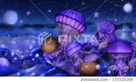 Deep Sea Jellyfish Floating Amidst Stars and Cosmic Lights in a Vibrant Underwater Scene 135520169