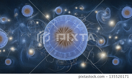 Deep Sea Creatures Float in Dark Waters With Light Patterns Surrounding Them at Night Time 135520171